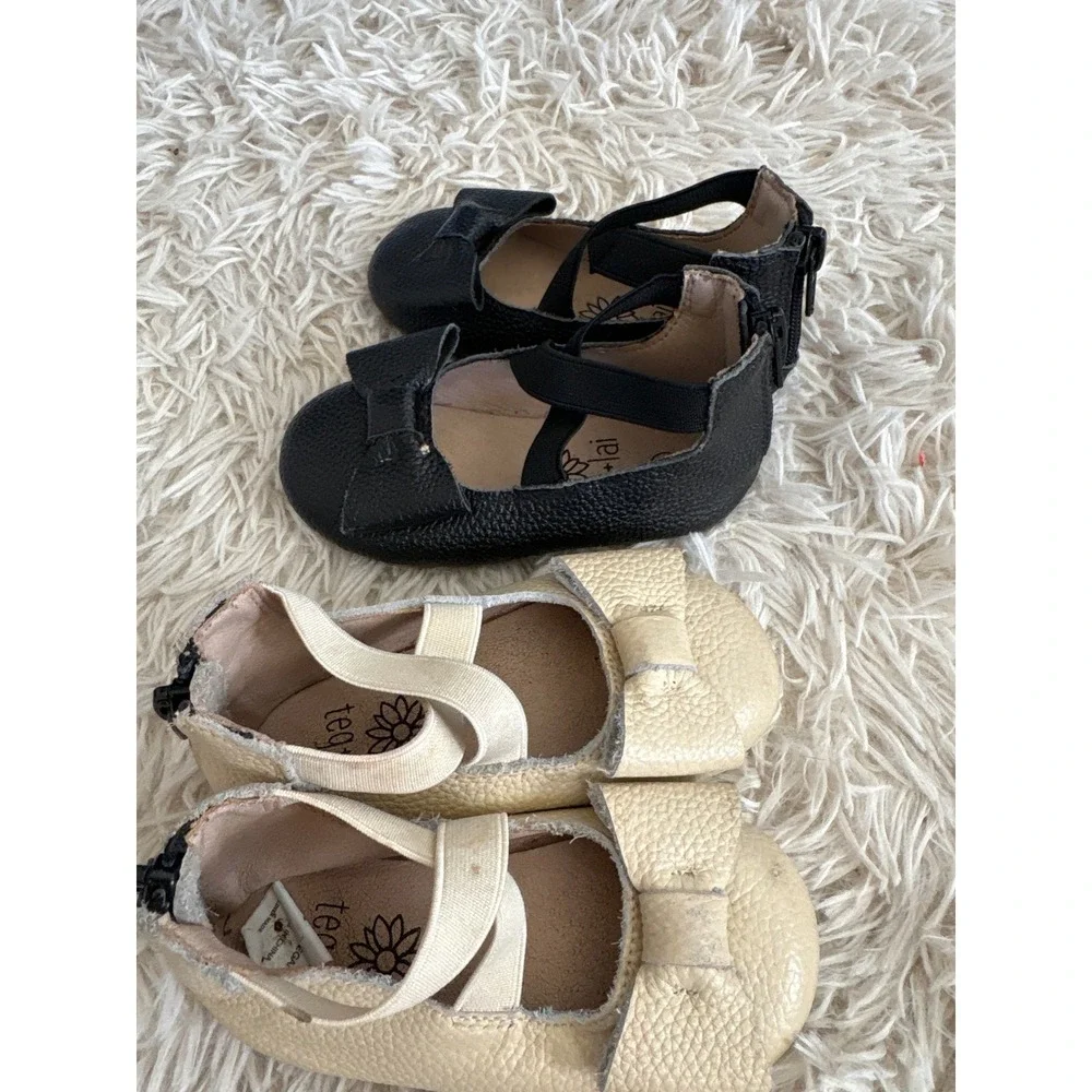 2 Pair Teg + Lai Kids Ballet Flats Shoes 1-Black 1- Tan Leather Bow Size‎ 6